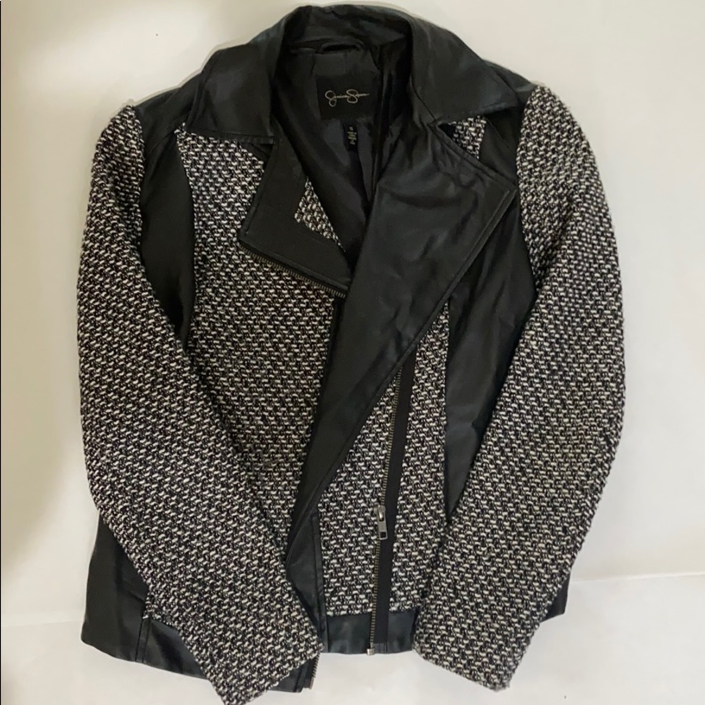 Jessica Simpson faux leather and knit jacket